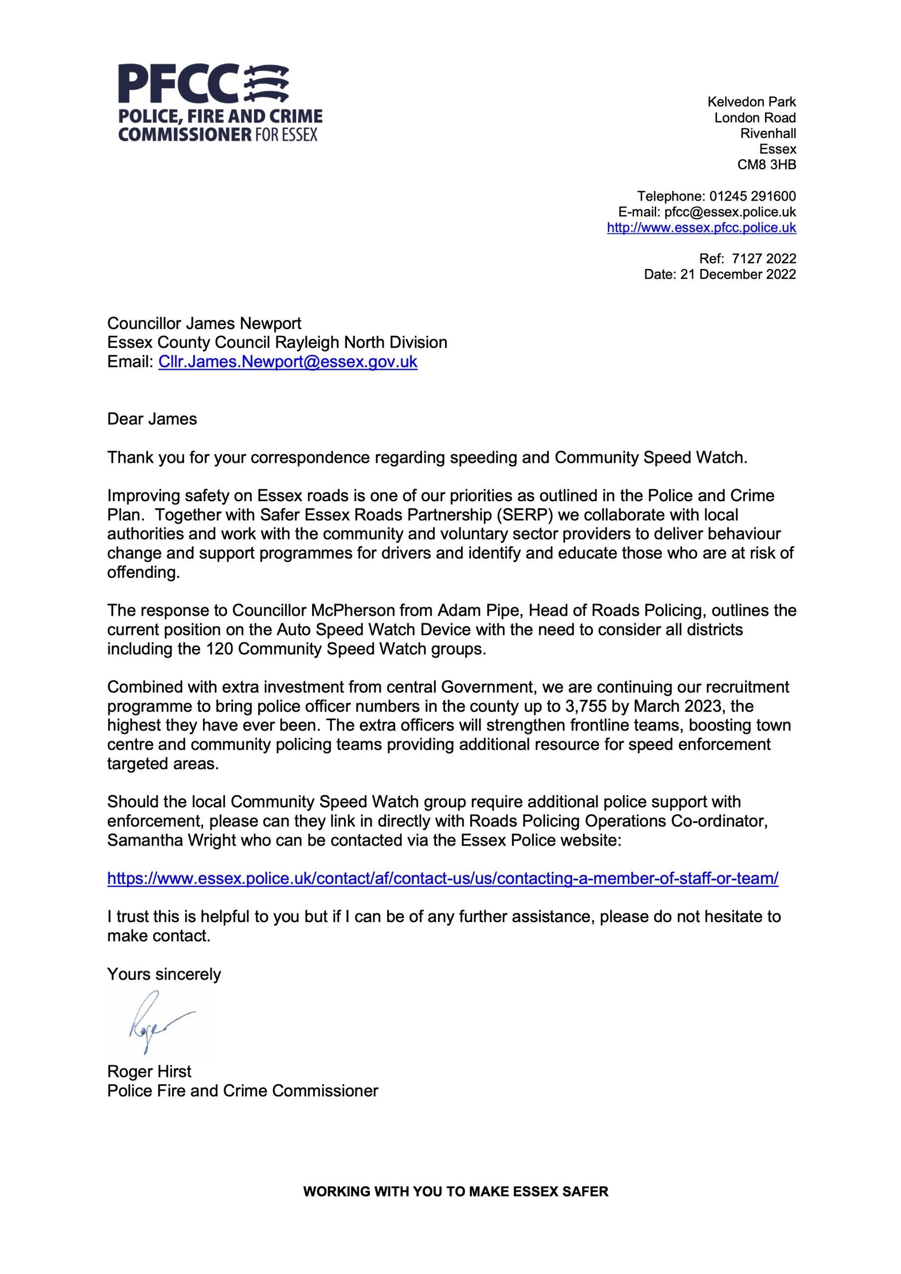 7127 2022 Cllr Newport 21.12.22 OPFCC response